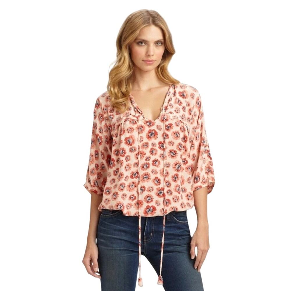 Rebecca Taylor Silk Floral Blouse Tie Front with Tassels Pink 8 EUC